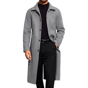 Men's Grey Long Trench Coat Single Breasted Casual Fall Winter Warm Pea Coat